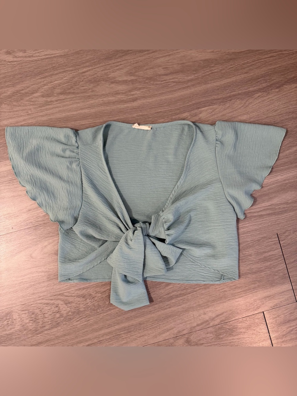Altar'd State Sage Green Tie Front Flutter Sleeve Crop Top | Women's Medium